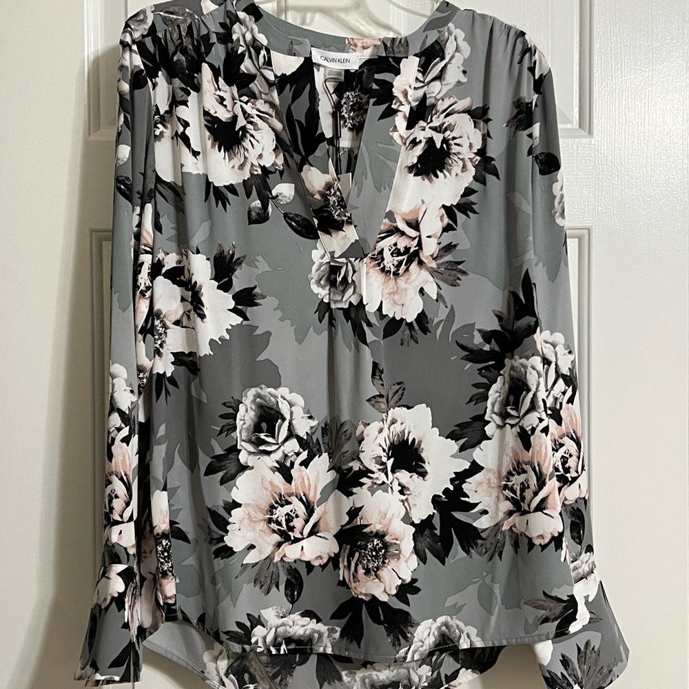 Calvin Klein Gray and Pink Floral Blouse